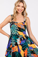 Black Leaf Print Tiered Dress