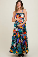 Black Leaf Print Tiered Maternity Dress