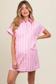 Light Pink Striped Maternity Shirt Mini Dress