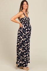 Navy Floral Smocked Wide Leg Maternity Jumpsuit