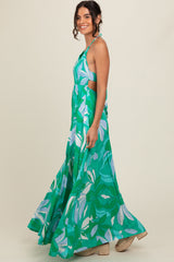 Green Floral Smocked Halter Open Back Maxi Dress