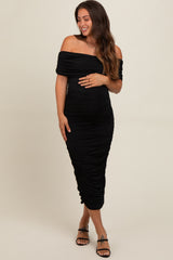 Black Off Shoulder Ruched Maternity Midi Dress