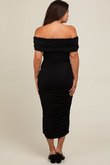 Black Off Shoulder Ruched Maternity Midi Dress