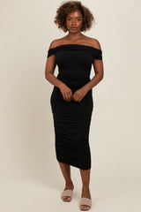 Black Off Shoulder Ruched Maternity Midi Dress