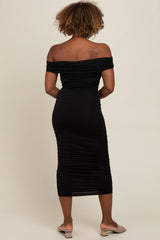 Black Off Shoulder Ruched Midi Dress