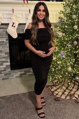 Black Off Shoulder Ruched Maternity Midi Dress