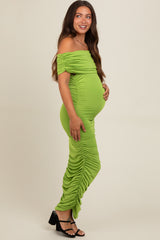 Lime Off Shoulder Ruched Maternity Midi Dress