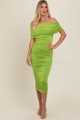 Lime Off Shoulder Ruched Midi Dress