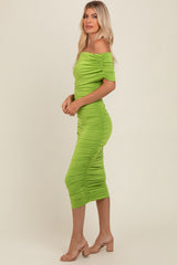 Lime Off Shoulder Ruched Midi Dress