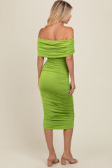 Lime Off Shoulder Ruched Midi Dress