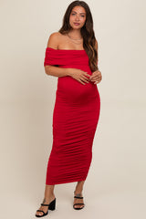 Red Off Shoulder Ruched Maternity Midi Dress