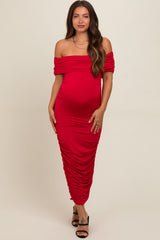 Red Off Shoulder Ruched Maternity Midi Dress