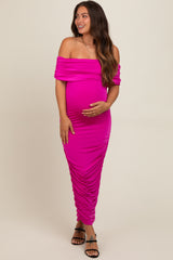 Magenta Off Shoulder Ruched Maternity Midi Dress