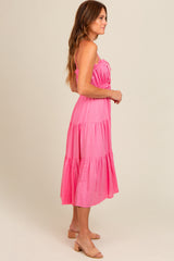 Fuchsia Front Tie Cutout Tiered Midi Dress