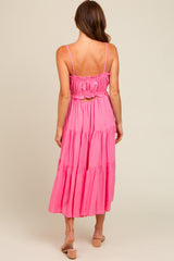 Fuchsia Front Tie Cutout Tiered Midi Dress