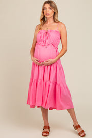 Fuchsia Front Tie Cutout Tiered Maternity Midi Dress