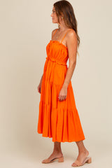 Orange Front Tie Cutout Tiered Midi Dress