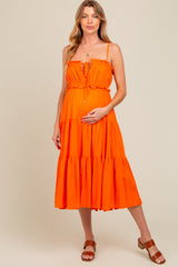 Orange Front Tie Cutout Tiered Maternity Midi Dress