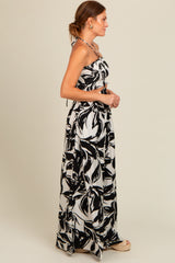 Black Tropical Print Cutout Smocked Jumpsuit