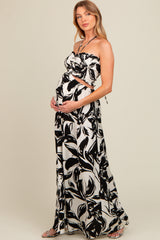 Black Tropical Print Cutout Smocked Maternity Jumpsuit