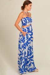 Royal Blue Tropical Print Cutout Smocked Jumpsuit