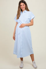 Light Blue Pin Stripe Sash Tie Maternity Midi Dress