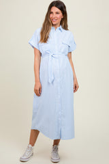 Light Blue Pin Stripe Sash Tie Maternity Midi Dress