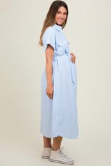 Light Blue Pin Stripe Sash Tie Maternity Midi Dress