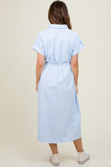 Light Blue Pin Stripe Sash Tie Maternity Midi Dress