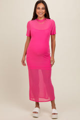 Pink Layered Mesh Maternity Maxi Dress