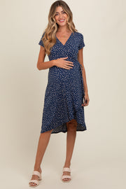 Navy Dot Print Wrap Maternity Nursing Midi Dress