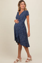 Navy Dot Print Wrap Maternity Nursing Midi Dress