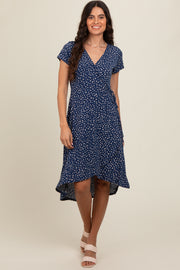 Navy Dot Print Wrap Nursing Midi Dress