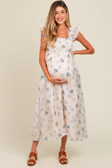 Blue Floral Smocked Maternity Midi Dress