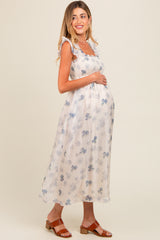 Blue Floral Smocked Maternity Midi Dress