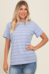 Blue Short Sleeve Multi Striped Maternity Top