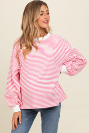 Pink Striped Balloon Sleeve Maternity Pullover