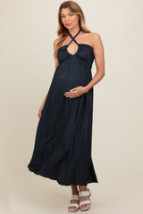 Charcoal Halter Deep V-Neck Maternity Maxi Dress