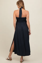 Charcoal Halter Deep V-Neck Maternity Maxi Dress