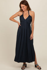 Charcoal Halter Deep V-Neck Maternity Maxi Dress