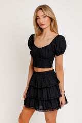 Black Puff Short Sleeve Corset Crop Top & Mini Skirt