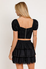 Black Puff Short Sleeve Corset Crop Top & Mini Skirt