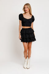 Black Puff Short Sleeve Corset Crop Top & Mini Skirt