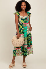 Green Patchwork Print Midi Dress