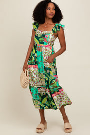 Green Patchwork Print Midi Dress