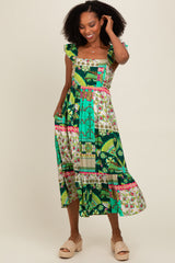 Green Patchwork Print Midi Dress