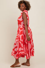 Red Abstract Print Collared Belted Dress