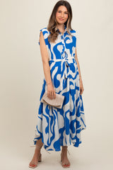 Blue Abstract Print Collared Belted Maternity Dress