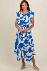 Blue Abstract Print Collared Belted Dress