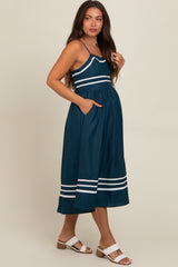 Navy Stripe Accent Maternity Midi Dress